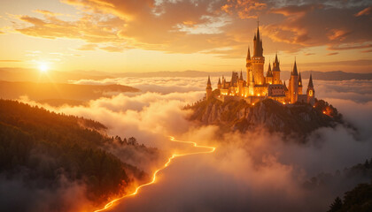 Naklejka premium Golden flame castle floating above misty valley at dawn, surreal beauty