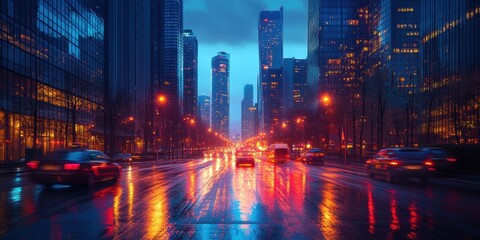 Obraz premium A bustling city street captured at dusk showcases vibrant lights reflecting on wet pavement, creating a mesmerizing urban scene amid a backdrop of towering skyscrapers