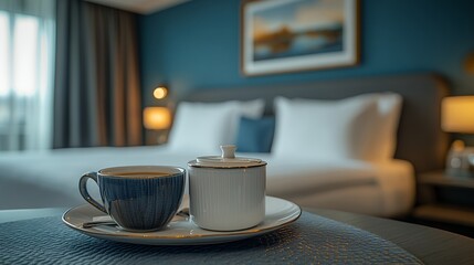 Cozy Hotel Room Setting With Coffee and Sugar on a Tray, Featuring Large Bed and Modern Decor in the Background