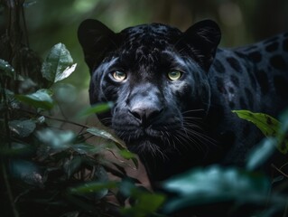 A stunning close-up of a black panther's face as it prowls through dense jungle foliage, its penetrating eyes captivating the viewer's gaze.
