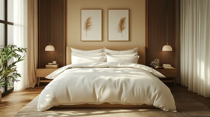 Cozy Bedroom With Modern Decor Featuring a Large Bed, Artistic Wall Hangings, and Well-Placed Indoor Plants in Natural Light