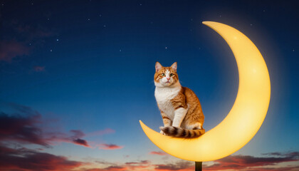 Obraz premium Cat sitting on glowing crescent moon under starry sky, whimsical night