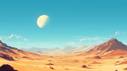 Scenic Desert Landscape Under a Vibrant Sky With a Large Moon Illuminating the Horizon and Distant Mountains at Twilight