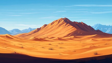 Naklejka premium Vibrant Desert Landscape Showcasing Undulating Sand Dunes and a Majestic Mountain Under a Clear Blue Sky at Midday, Highlighting the Natural Beauty of Arid Regions