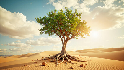 Fototapeta premium Surreal tree with roots in sandy desert under cloudy sky, dreamscape