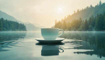 Whimsical giant teacup floating on a lake, magical serenity