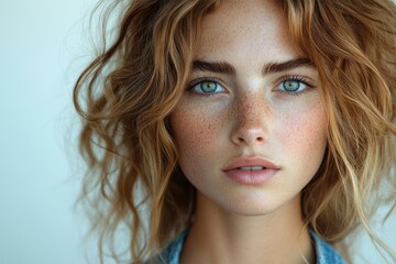 Fototapeta premium Close-up of a woman's face with freckles, great for beauty and personal care use
