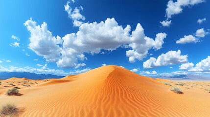 Vibrant Orange Sand Dunes Stretch Under a Bright Blue Sky Filled With Fluffy White Clouds in a Desert Landscape During Daylight Hours