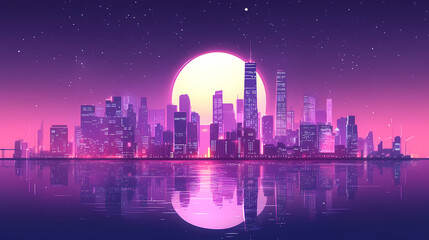 Fototapeta premium City skyline under a large moon at night with water. Heavenly Harbor. Illustration