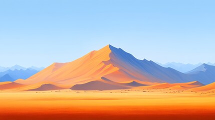Mountains Rise Majestically Above the Vast Desert Landscape Under a Clear Blue Sky During the Golden Hour, Showcasing Natural Beauty and Serenity
