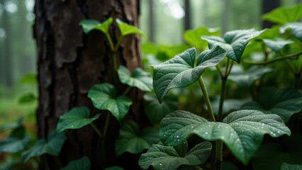 Obraz premium Macro photography of ivy leaves with dew drops on a tree trunk 