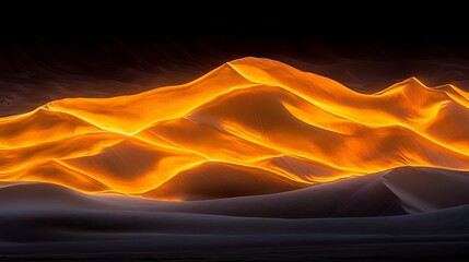 Dunes Illuminated by Sunset Glow Over a Vast Desert Landscape Showcasing Vibrant Orange and Golden Hues