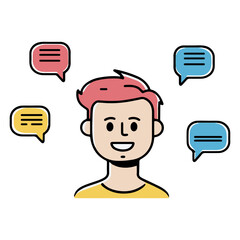 Engaging conversation with colorful speech bubbles around a cheerful person