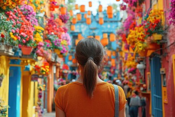 Obraz premium A person in an orange shirt is walking down the street, with urban surroundings