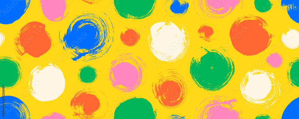 Fototapete colorful naive seamless pattern with grunge bold circles. brush drawn polka dots seamless banner des