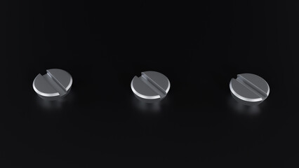 3D rendering showing three slotted screw heads on a black background. Ideal for illustrating industrial, manufacturing, engineering, and technology concepts.