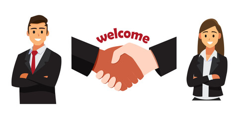Business team welcomes new member with a handshake during a partnership meeting