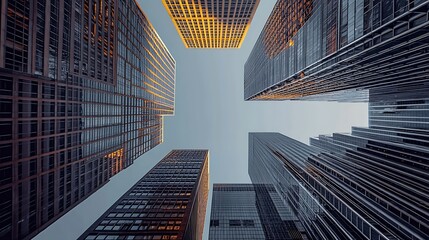 Plakat City skyscrapers, upward view, sunset, urban background, business