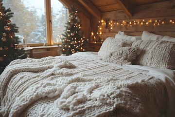 Cozy Winter Bedroom with Knitted Blanket and Festive Holiday Decorations