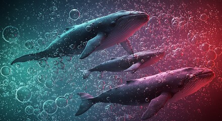 Stunning underwater whale watching scene.  Aquatic animal whales surrounded by bubbles in the ocean. Digital art.