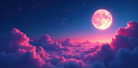 Obraz premium Glowing pink clouds with a full moon and many stars above, stars, night sky