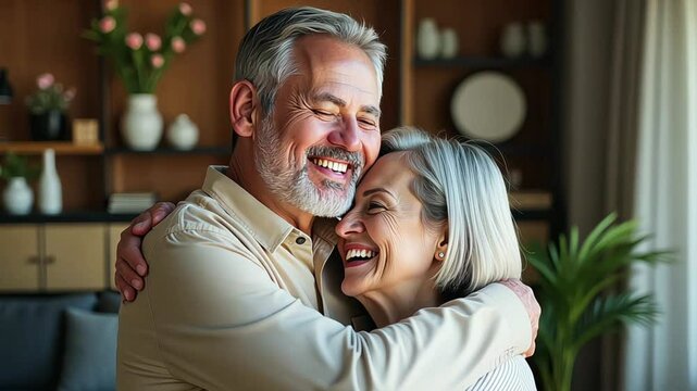 Smiling mid age older couple hugging and kissing standing at home. Happy senior adult mature classy husband and wife embracing, bonding, enjoying wellbeing and love in new modern house