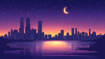 Futuristic skyline glowing night. Indigo Horizon. Illustration