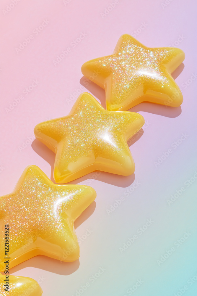 Poster shiny yellow star-shaped objects with sparkling glitter on a soft pink and pastel-colored background