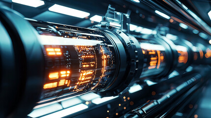 Hyper-detailed close-up of hyperloop pod docking at a futuristic terminal, glowing with internal lights, advanced technology visible