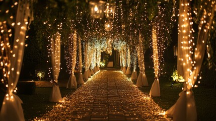 Long walkway with lights and white curtains