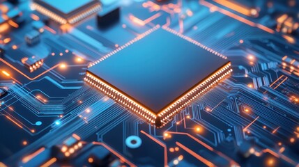 This abstract background features a blue circuit board design filled with intricate glowing elements representing advanced technology and digital innovation in a striking visual format