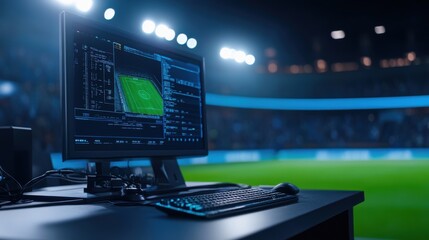High-Tech Sports Analytics Monitor Displaying Data for Soccer Match Inside Stadium Under Bright Floodlights