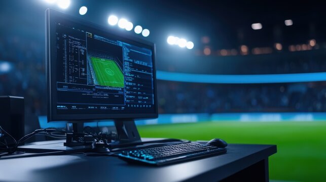 High-Tech Sports Analytics Monitor Displaying Data for Soccer Match Inside Stadium Under Bright Floodlights