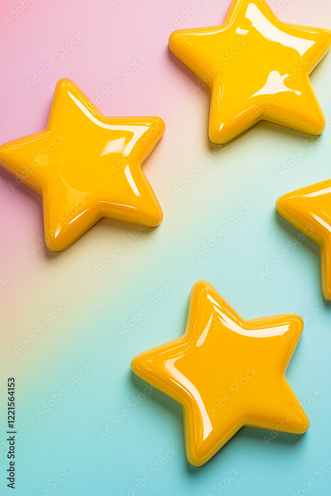 Poster yellow star-shaped objects on a pastel gradient background with a glossy and vibrant design