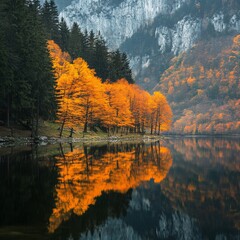 Obraz premium Alpine lake with autumn trees reflected in the water, Bavaria, Germany