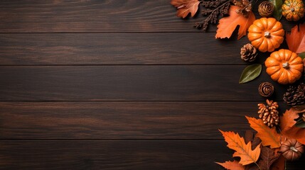 Thanksgiving Joy: Pumpkins, Leaves, and Warm Wood Background