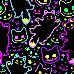 Creepy and funny cats smiling. Seamless vector pattern