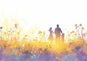 Fototapeta premium A family silhouette with the father holding his daughter on his shoulders, and their two other children standing beside them in an open field.