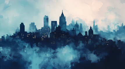 Watercolor cityscape. Indigo Horizon. Illustration