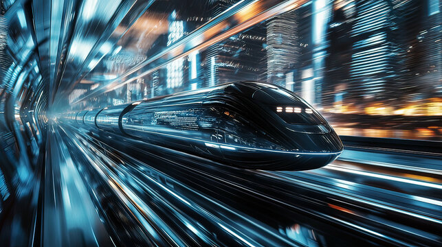 Hyper-realistic hyperloop pods racing through transparent tubes in a futuristic urban landscape, sleek design reflecting city lights