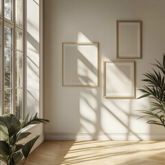 Minimalist Scandinavian design soft sunlight and shadow overlay Intense summer sunlight and bright surroundings emphasize the natural clean scene and its simple and