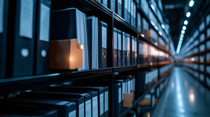 A close-up view of archive folders arranged in perfect symmetry on metal shelves, with clear labels and a soft glow highlighting their systematic placement.