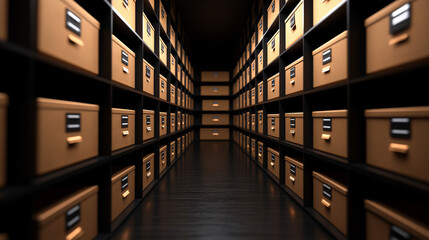 Archive folders with textured surfaces, stacked symmetrically on minimalist shelves, their sharp labels glowing under soft ambient lighting.