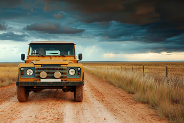 Obraz premium Off-Road Adventure: A Classic Car Journey Through a Dramatic Stormy Landscape