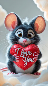 adorable, fluffy mouse with large, bright, shining brown eyes, a tiny pink nose, and soft, delicate whiskers, tenderly cradling a delicate, intricately designed red heart shape with the elegant, cursi