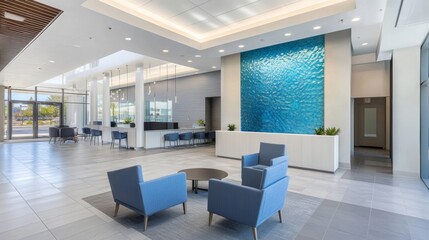 Modern Lobby Design Featuring Blue Accents and Contemporary Furniture in a Spacious Commercial Building During Daylight