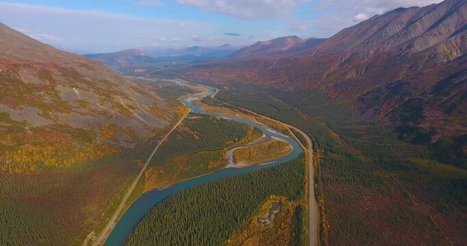 Denali National Park, Nenana River and Alaska Route 3 aka George Parks Highway aerial view in fall, at the outside boundary of Denali National Park, Alaska AK, USA.