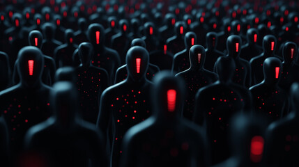 Fototapeta premium A digital crowd of faceless black figures, with a few glowing red silhouettes scattered among them, representing hidden insider threats in a high-tech environment.
