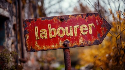 Rustic Pointing Arrow Sign with Bold Yellow Text on Weathered Red Background Marking a Path Towards a Destination with Autumn Foliage