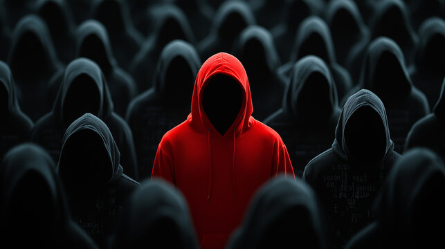 The central figure in a red hoodie appears in a crowd of dark-hooded forms, with the shadows of the figures interwoven with faint streams of binary code to highlight privacy concer
